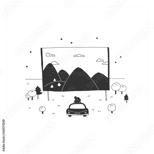 Car cinema. Vector hand drawn simple illustration.