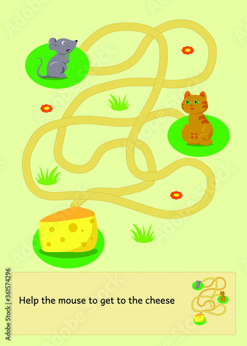 Children maze game. Help mouse to get to cheese and avoid cat. Cute cartoon illustration.