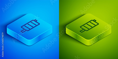 Isometric line Car muffler icon isolated on blue and green background. Exhaust pipe. Square button. Vector Illustration.