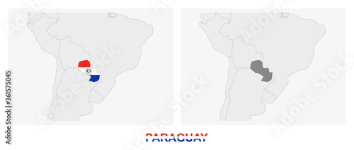 Two versions of the map of Paraguay, with the flag of Paraguay and highlighted in dark grey.