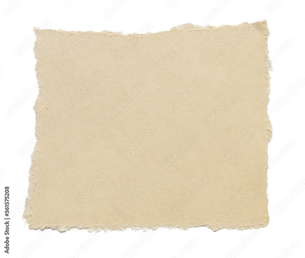 Square piece of paper with torn edges isolated on white background. Ripped brown paper texture