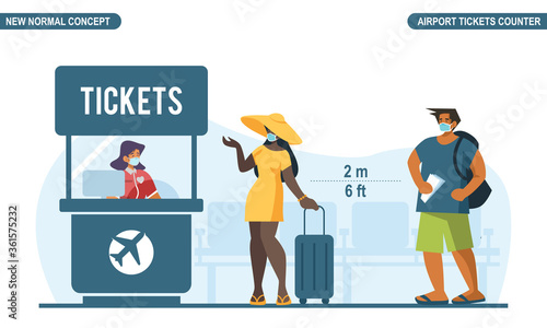 Wallpaper Mural New normal social distancing concept. People wear medical mask and keep distance at tickets counter queues to protect from COVID-19 Coronavirus. Scalable and editable flat style vector illustration. Torontodigital.ca