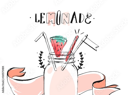 Hand drawn vector abstract summer time lemonade header illustration with glass bottle jar ,watermellon,ribbon and handwritten modern calligraphy Lemonade word isolated on white background.Sign,logo.