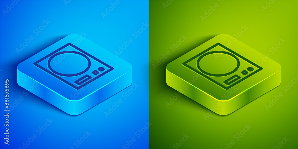 Isometric line Electronic scales icon isolated on blue and green background. Weight measure equipment. Square button. Vector Illustration. Isometric line Electronic scales icon isolated on blue and green background. Weight measure equipment. Square button. Vector Illustration.