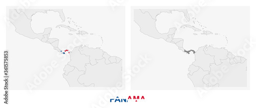 Two versions of the map of Panama, with the flag of Panama and highlighted in dark grey.
