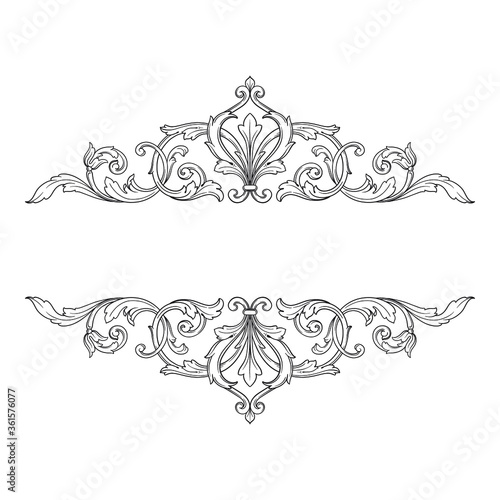 Vintage Ornament Element in baroque style with filigree and floral engrave the best situated for create frame, border, banner. It's hand drawn foliage swirl like victorian or damask design arabesque.
