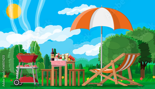 Bbq party or picnic. Table with bottle of wine, vegetables, cheese, can of beer. Electric grill with barbecue. Cooking steak, meat and sausages, grilling bbq. Vector illustration flat style