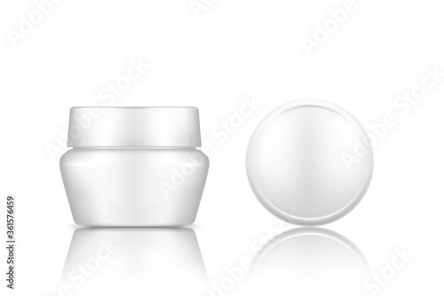 White cosmetic jar with top cap view mockup isolated from background: lotion, cream, powder. Plastic package design. Blank hygiene, medical, body or face care template. 3d vector illustration