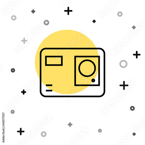 Black line Action extreme camera icon isolated on white background. Video camera equipment for filming extreme sports. Random dynamic shapes. Vector Illustration.