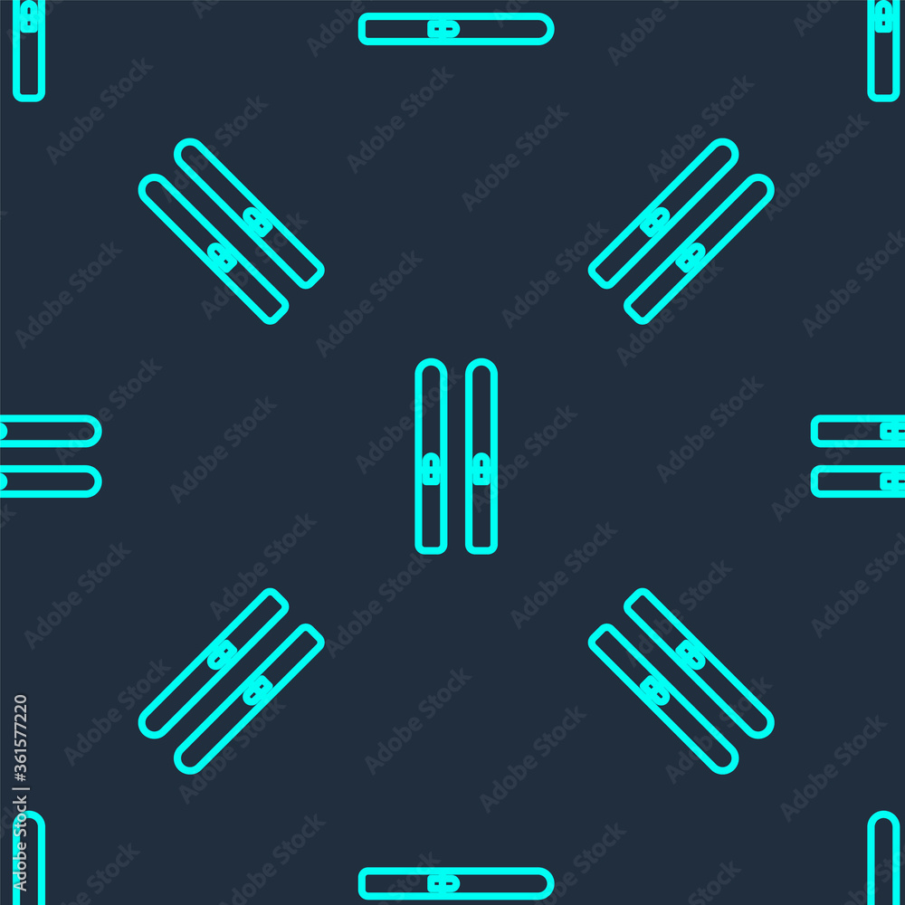 Obraz premium Green line Ski and sticks icon isolated seamless pattern on blue background. Extreme sport. Skiing equipment. Winter sports icon. Vector Illustration.