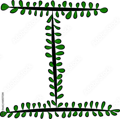 Obraz na płótnie Vector image. Hand-drawn brush letter I. Part of the English alphabet. Black tree branch and bright juicy green foliage. Leaves of a Bush. The summer mood. Calligraphy and lettering. Eco, nature theme w salonie