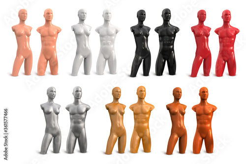 Set of plastic female and male mannequins without clothes in white, black, red, beige, gold, silver, bronze colors. Vector 3d illustration isolated on white background.