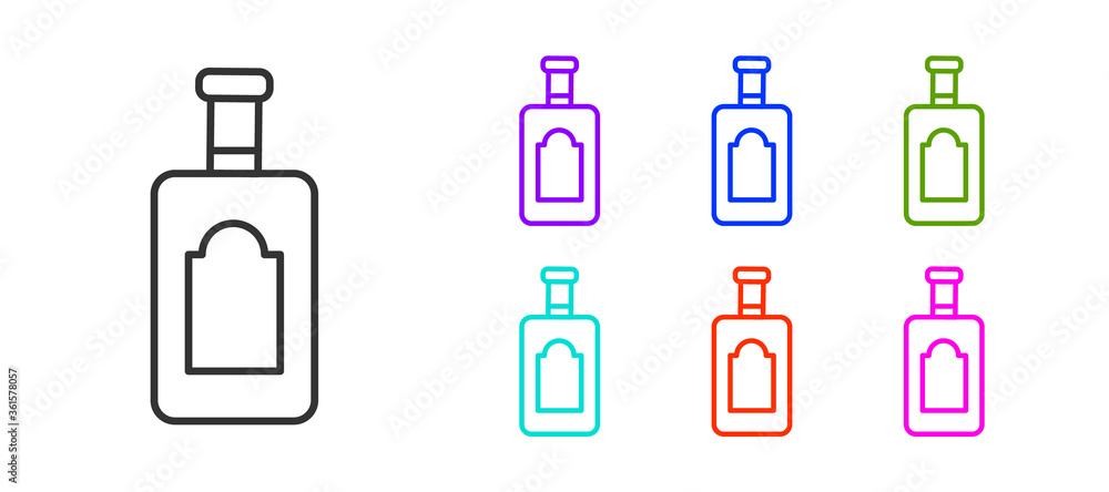 Black line Whiskey bottle icon isolated on white background. Set icons colorful. Vector Illustration. Black line Whiskey bottle icon isolated on white background. Set icons colorful. Vector Illustration.