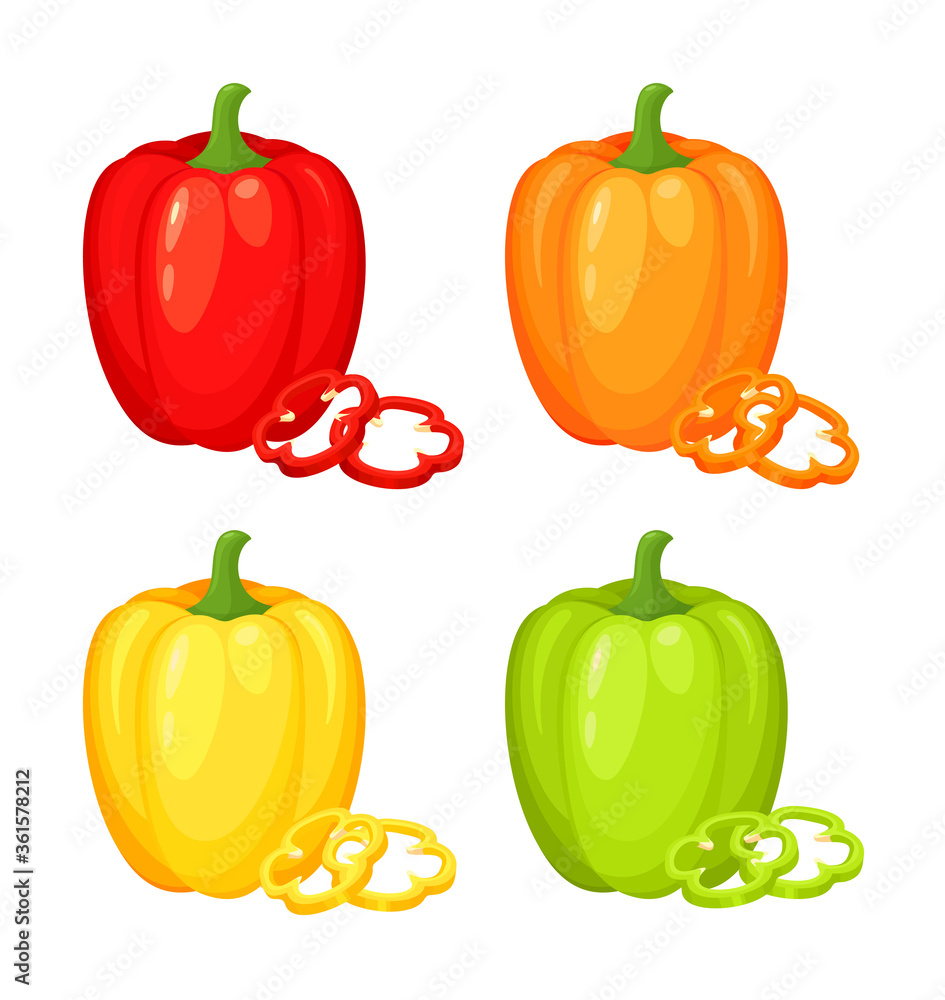 Vector set of red, orange, yellow and green pepper. Full and slices fresh pepper. Eco farm