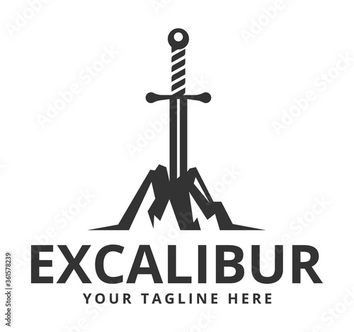 Excalibur (the sword in the stone) logo design template. photo