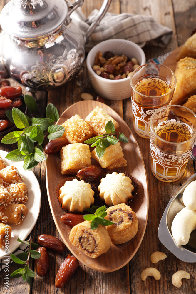 assorted of oriental dessert and mint tea assorted of oriental dessert and mint tea