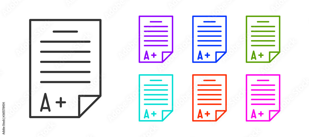 Black line Exam sheet with A plus grade icon isolated on white background. Test paper, exam, or survey concept. School test or exam. Set icons colorful. Vector Illustration. Black line Exam sheet with A plus grade icon isolated on white background. Test paper, exam, or survey concept. School test or exam. Set icons colorful. Vector Illustration.