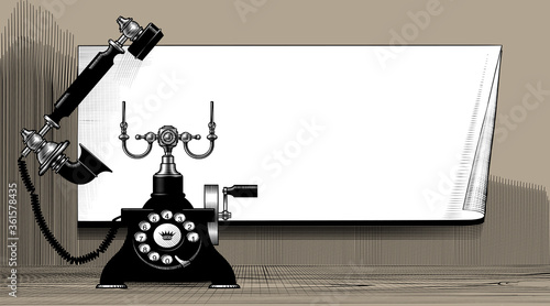 Engraved vintage drawing of a retro black phone and paper banner