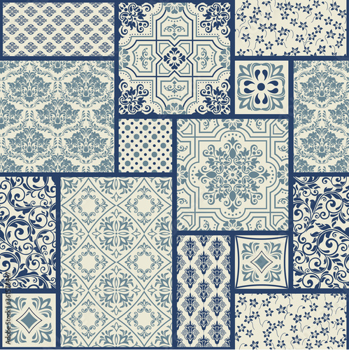 Vintage seamless pattern in Portugal style. Azulejo. Seamless patchwork tile in blue and white colors. Endless pattern can be used for ceramic tile, wallpaper, linoleum, textile, web page background
