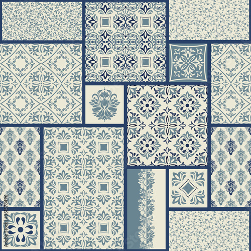 Vintage seamless pattern in Portugal style. Azulejo. Seamless patchwork tile in blue and white colors. Endless pattern can be used for ceramic tile, wallpaper, linoleum, textile, web page background