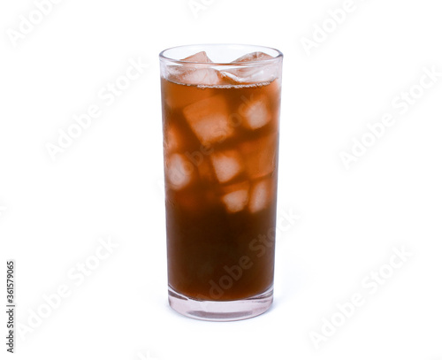 Glass of ice brown juice tea isolated on white background. Healthy drink concept.