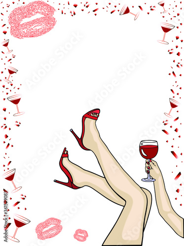 Vector hand drawn girl legs and hand with glass of wine. Hen party frame. Red, white and pink trendy design isolated on white background . Red heels. Design for card, invitations for cocktail party.