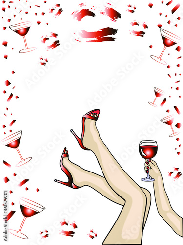 Vector hand drawn girl legs and hand with glass of wine. Hen party frame. Red and white trendy design isolated on white background . Red heels. Design for card, invitations for cocktail party.