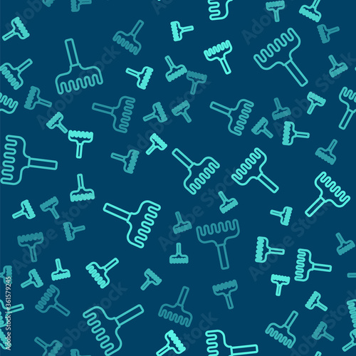 Green line Garden rake icon isolated seamless pattern on blue background. Tool for horticulture, agriculture, farming. Ground cultivator. Vector Illustration.