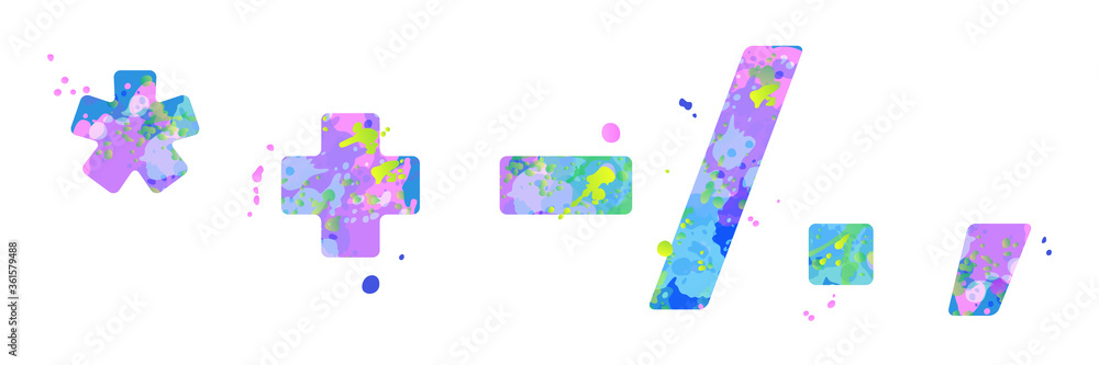 Punctuation and special symbols asterisk, plus, minus, solidus, full stop,  comma paint in blue, green, pink colors, isolated on white. Decoration  element for design of a flyer, poster, calendar. Stock Vector