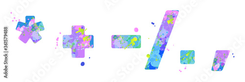 Punctuation and special symbols asterisk, plus, minus, solidus, full stop, comma paint in blue, green, pink colors, isolated on white. Decoration element for design of a flyer, poster, calendar.