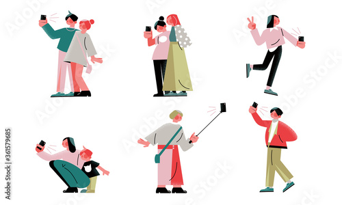 Set of hand drawn young people making selfie on smartphone