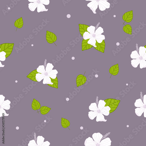 Hibiscus and leaf seamless pattern on purple background for design vector illustration.