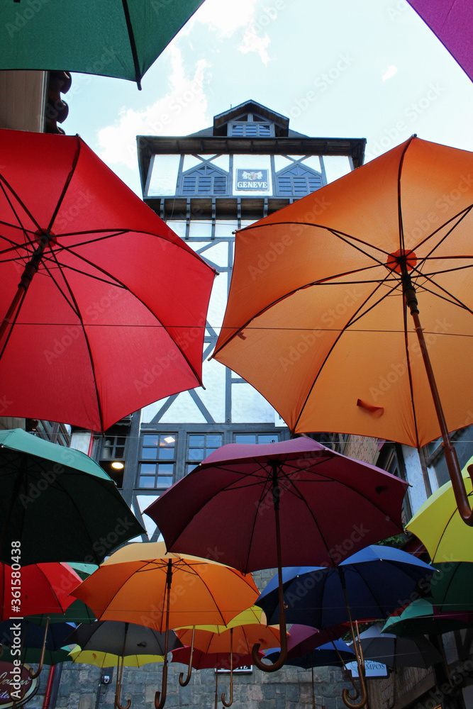 Campos do Jordao, Sao Paulo, Brazil - Jun, 26, 2019: Beautiful umbrellas decoration in Campos do Jordao, a famous destination during winter in Brazil.