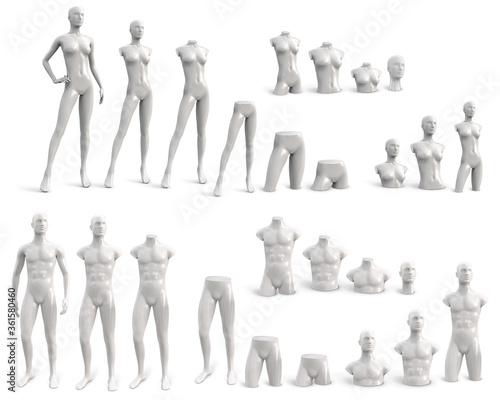Vector set of male and female mannequins in white color. Different parts of the body. Vector 3d realistic illustration isolated on white background.
