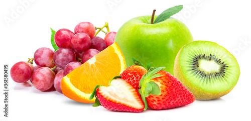 Pile of various types of fresh organic fruits   red berry strawberry  green apple  kiwi  orange and grapes fruit   isolated on white background. 
