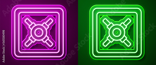 Glowing neon line Safe icon isolated on purple and green background. The door safe a bank vault with a combination lock. Reliable Data Protection. Vector Illustration.