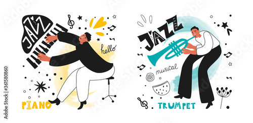 A group of jazz musicians, a piano player and a trumpeter. Jazz instrument trumpet. Inscriptions and phrases in the jazz style. Vector music posters