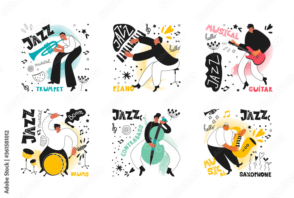 Set of jazz musicians of the orchestra. Trumpeter, saxophonist, drummer, guitarist, double bass player, pianist. Vector musical instruments. Illustrations in the style of comics