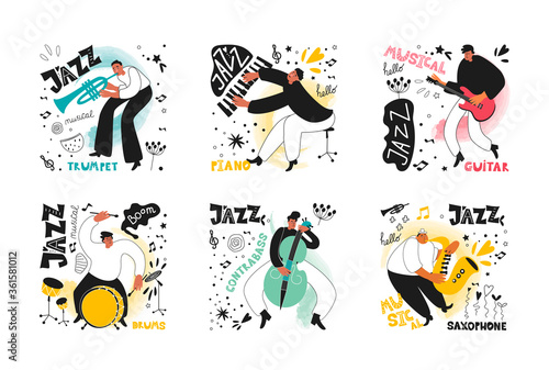 Set of jazz musicians of the orchestra. Trumpeter  saxophonist  drummer  guitarist  double bass player  pianist. Vector musical instruments. Illustrations in the style of comics