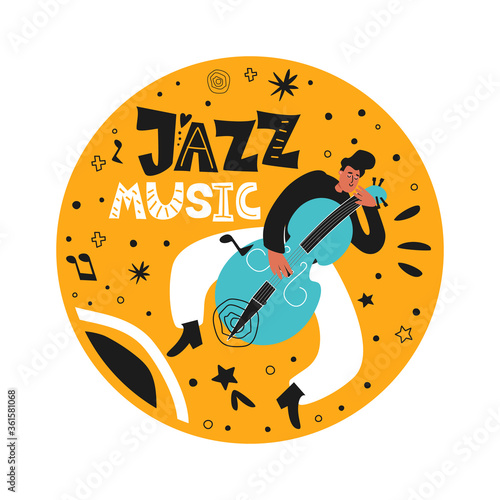 Double bassist jazz musician plays the instrument double bass. Jazz Poster. Vector musical illustration of a double bass player