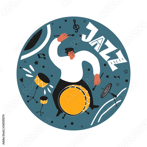 Jazz drummer with a drum kit. Jazz festival. Vector illustration of musical style