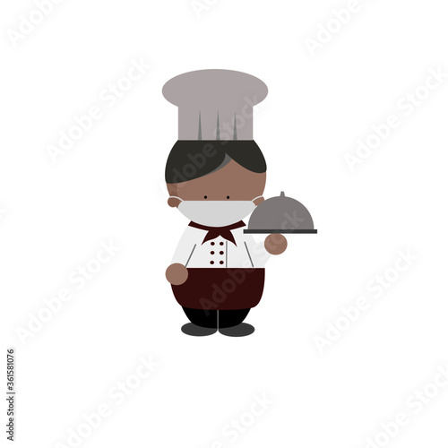 chef man in uniform or waiter hand hold tray of food with cover icon cartoon vector illustration. 