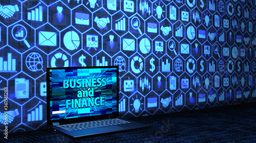 8K 3D Rendered Laptop/Notebook on the floor with Business and Finance on the screen and icon set Background and Random Binary Code on the floor in blue color