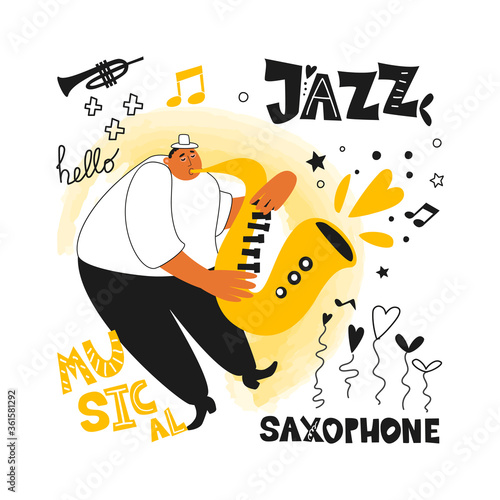 Jazz musician and saxophonist. Performance of a melody on a saxophone. Music poster for a jazz festival or concert