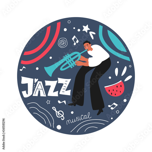 Jazz musician trumpeter performs a musical melody. The jazz trumpet. Vector illustration for a poster