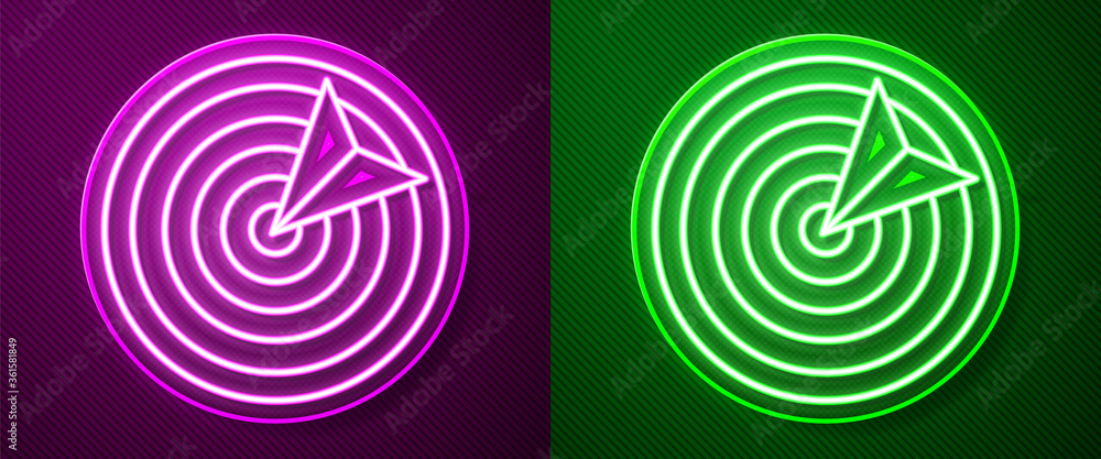 Glowing neon line Target sport icon isolated on purple and green background. Clean target with numbers for shooting range or shooting. Vector Illustration.