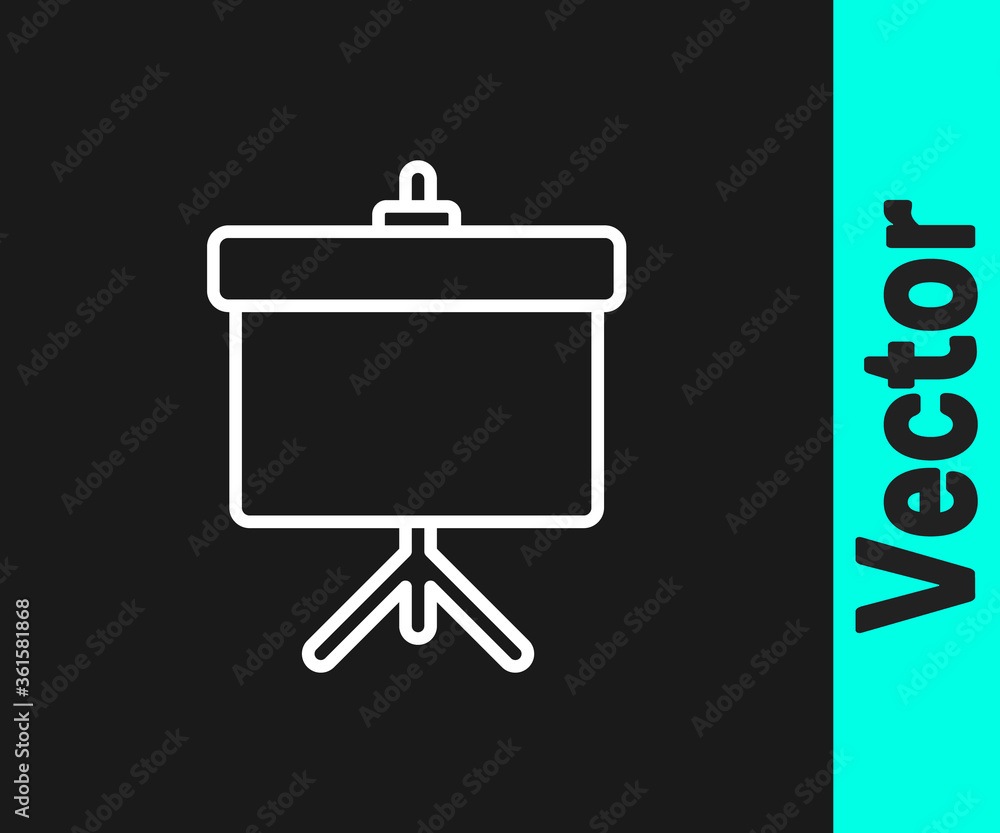 White line Presentation board with graph, schedule, chart, diagram, infographic, pie graph icon isolated on black background. Vector Illustration. White line Presentation board with graph, schedule, chart, diagram, infographic, pie graph icon isolated on black background. Vector Illustration.
