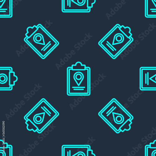 Green line Folded map with location marker icon isolated seamless pattern on blue background. Vector Illustration.