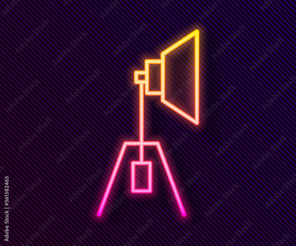 Glowing neon line Movie spotlight icon isolated on black background. Light Effect. Scene, Studio, Show. Vector Illustration. Glowing neon line Movie spotlight icon isolated on black background. Light Effect. Scene, Studio, Show. Vector Illustration.