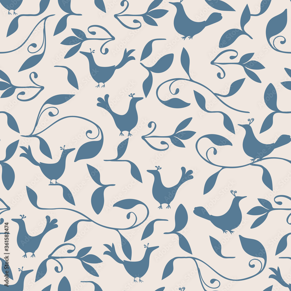 Fototapeta premium Blue birds and foliage seamless vector pattern background for fabric, wallpaper, scrapbooking projects or backgrounds.